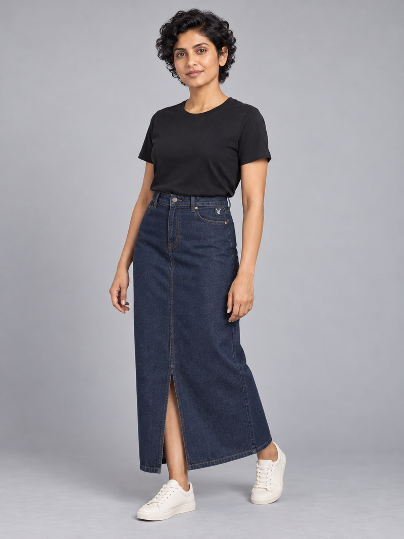 CITY SIGNAL Women's Crossline Denim Maxi Skirt — Deep Indigo, View 3