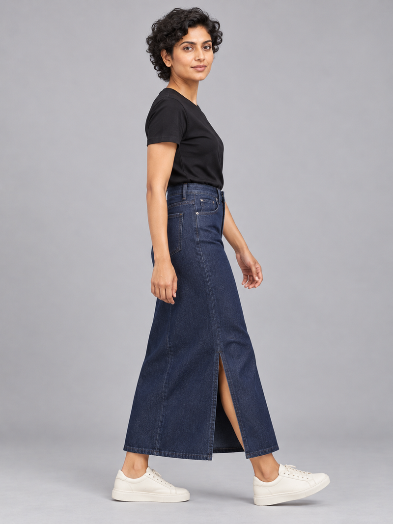 CITY SIGNAL Women's Crossline Denim Maxi Skirt — Deep Indigo, View 4