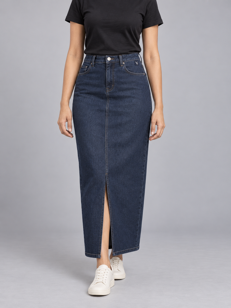 CITY SIGNAL Women's Crossline Denim Maxi Skirt — Deep Indigo, View 5