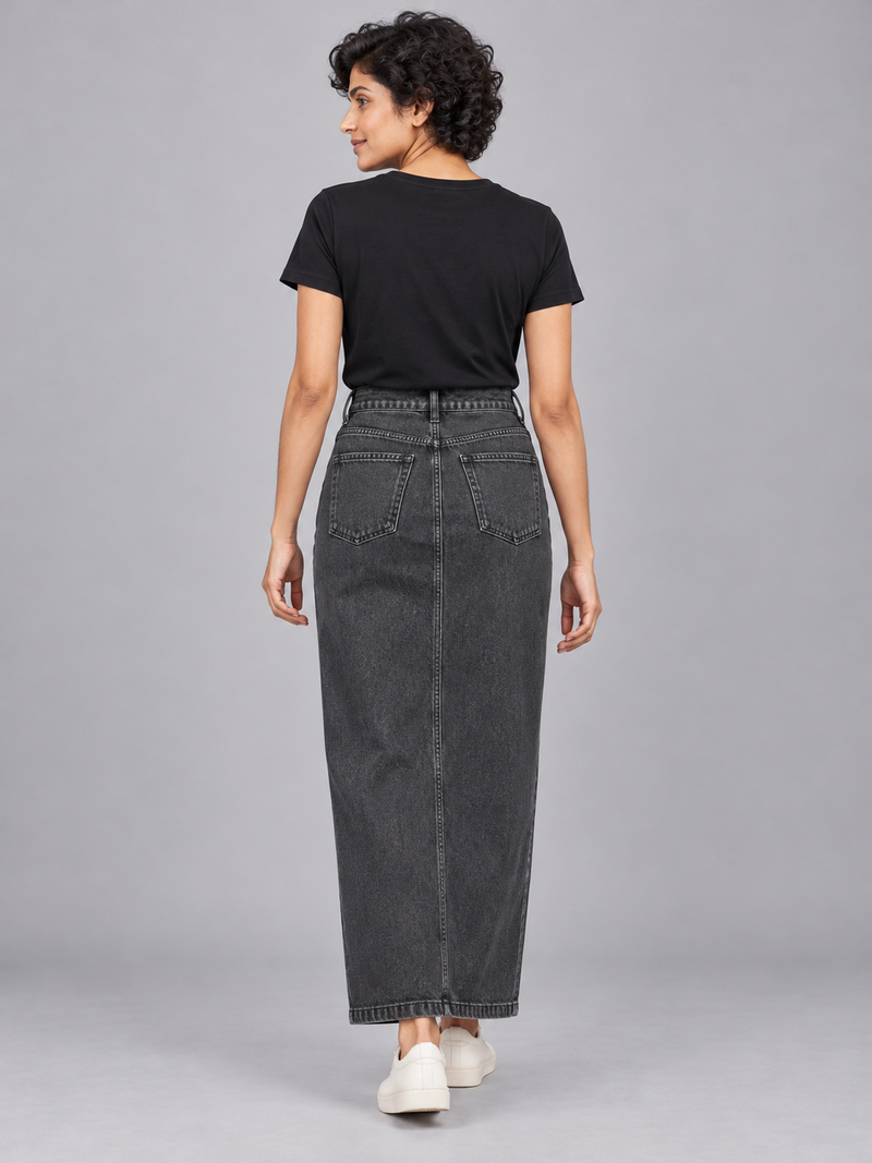 CITY SIGNAL Women's Crossline Denim Maxi Skirt — Washed Charcoal, View 2