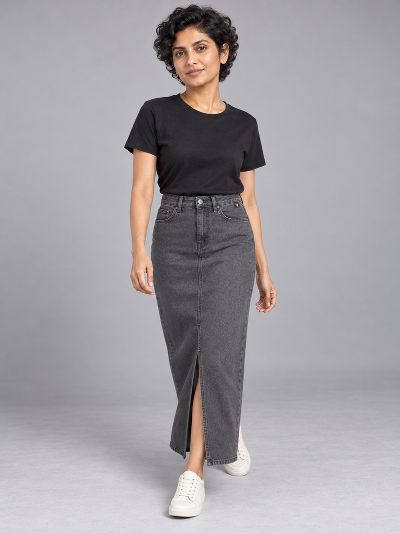 CITY SIGNAL Women's Crossline Denim Maxi Skirt — Washed Charcoal, View 3