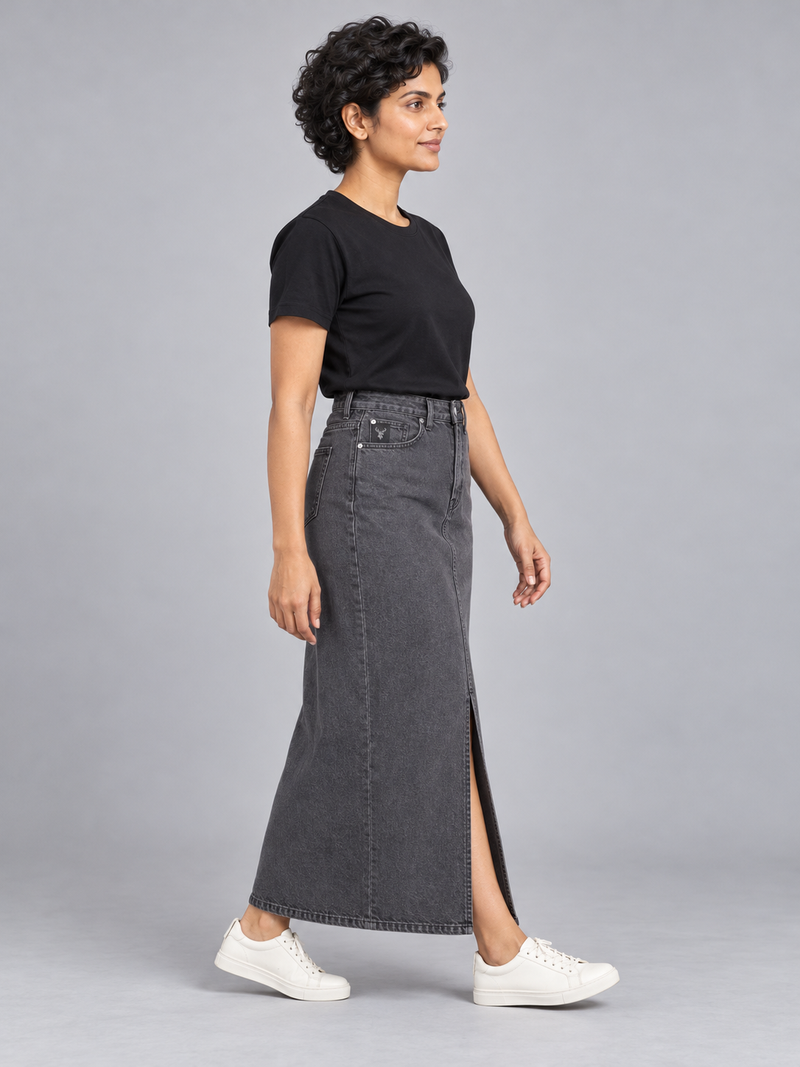 CITY SIGNAL Women's Crossline Denim Maxi Skirt — Washed Charcoal, View 4