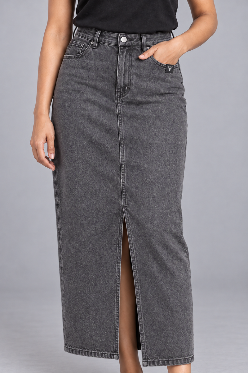 CITY SIGNAL Women's Crossline Denim Maxi Skirt — Washed Charcoal, View 5