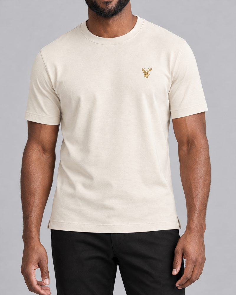 INTERVAL / 01 Men's Trace Interlock Tee — Cream, Worn logo and fabric detail