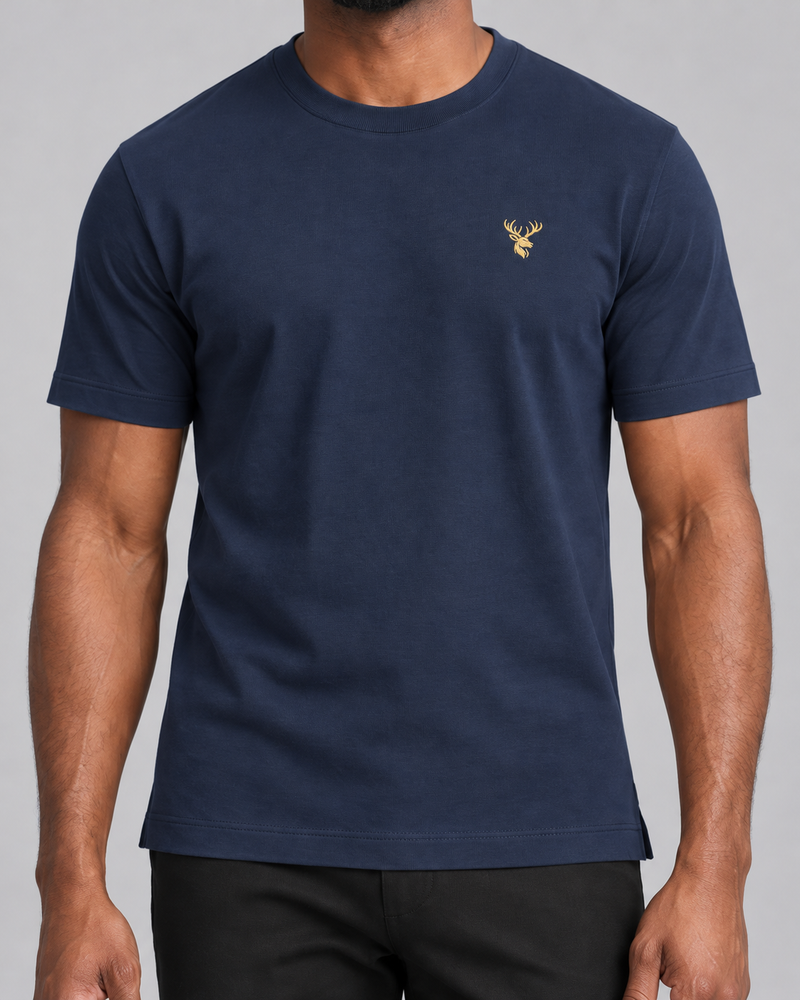 INTERVAL / 01 Men's Trace Interlock Tee — Ink Navy, Worn logo and fabric detail