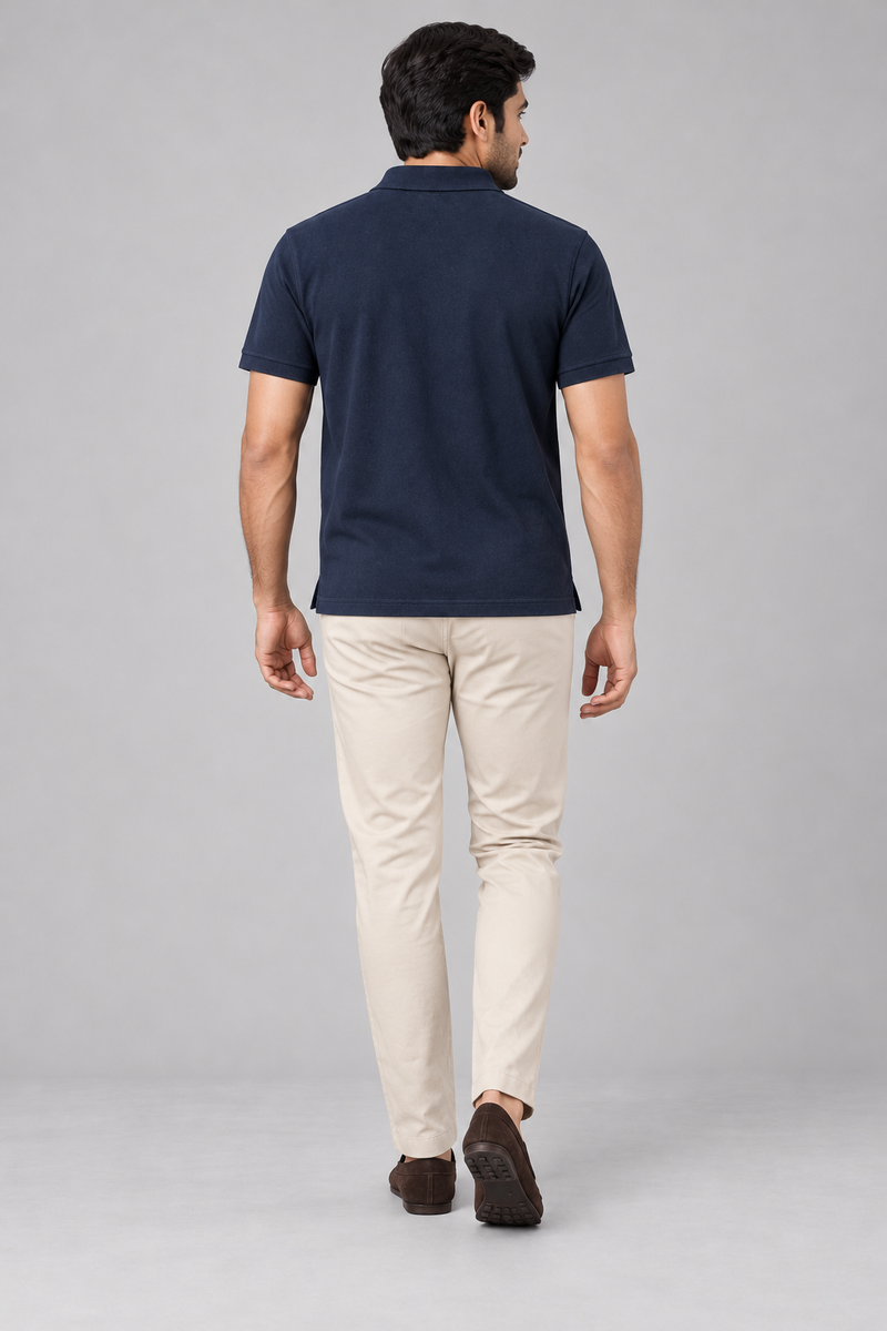 INTERVAL / 01 Men's Notch Piqué Polo Shirt — Ink Navy, Back view