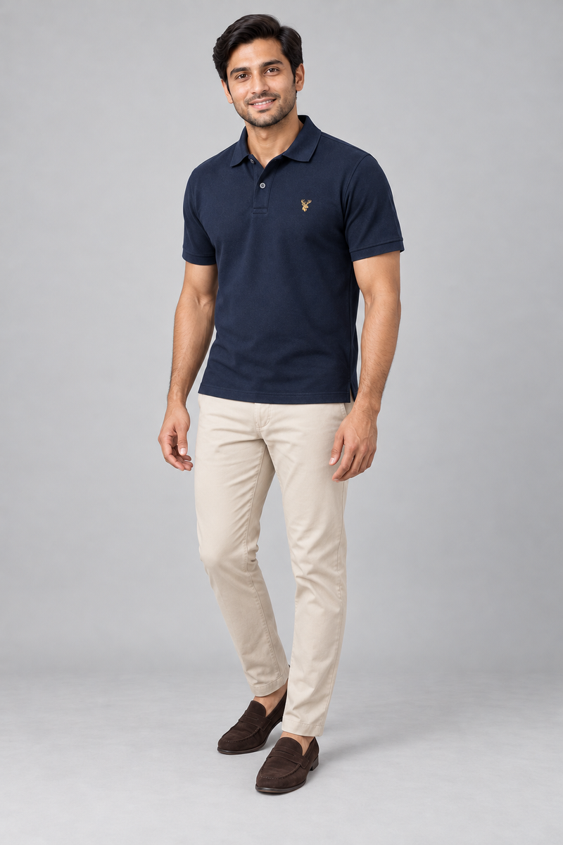 INTERVAL / 01 Men's Notch Piqué Polo Shirt — Ink Navy, Three-quarter view