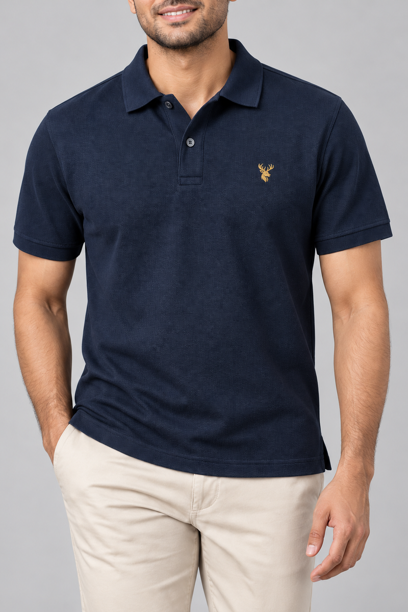 INTERVAL / 01 Men's Notch Piqué Polo Shirt — Ink Navy, Worn logo and fabric detail