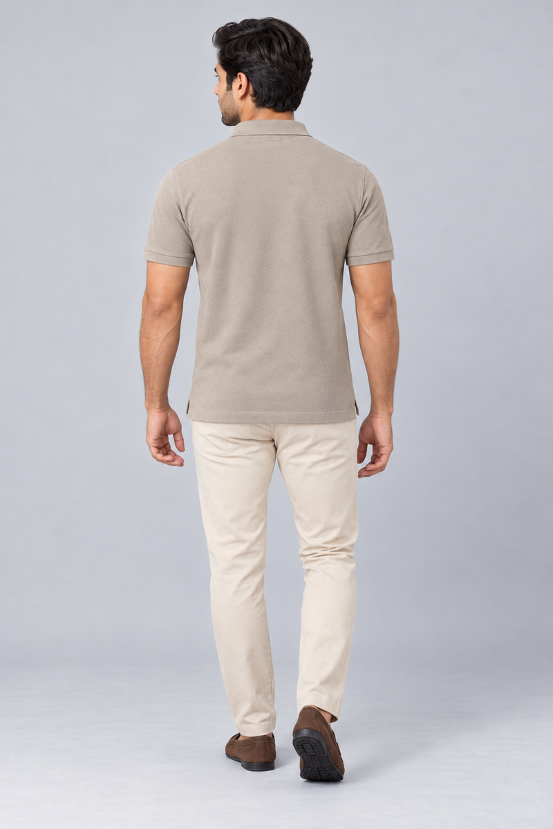 INTERVAL / 01 Men's Notch Piqué Polo Shirt — Stone, Back view