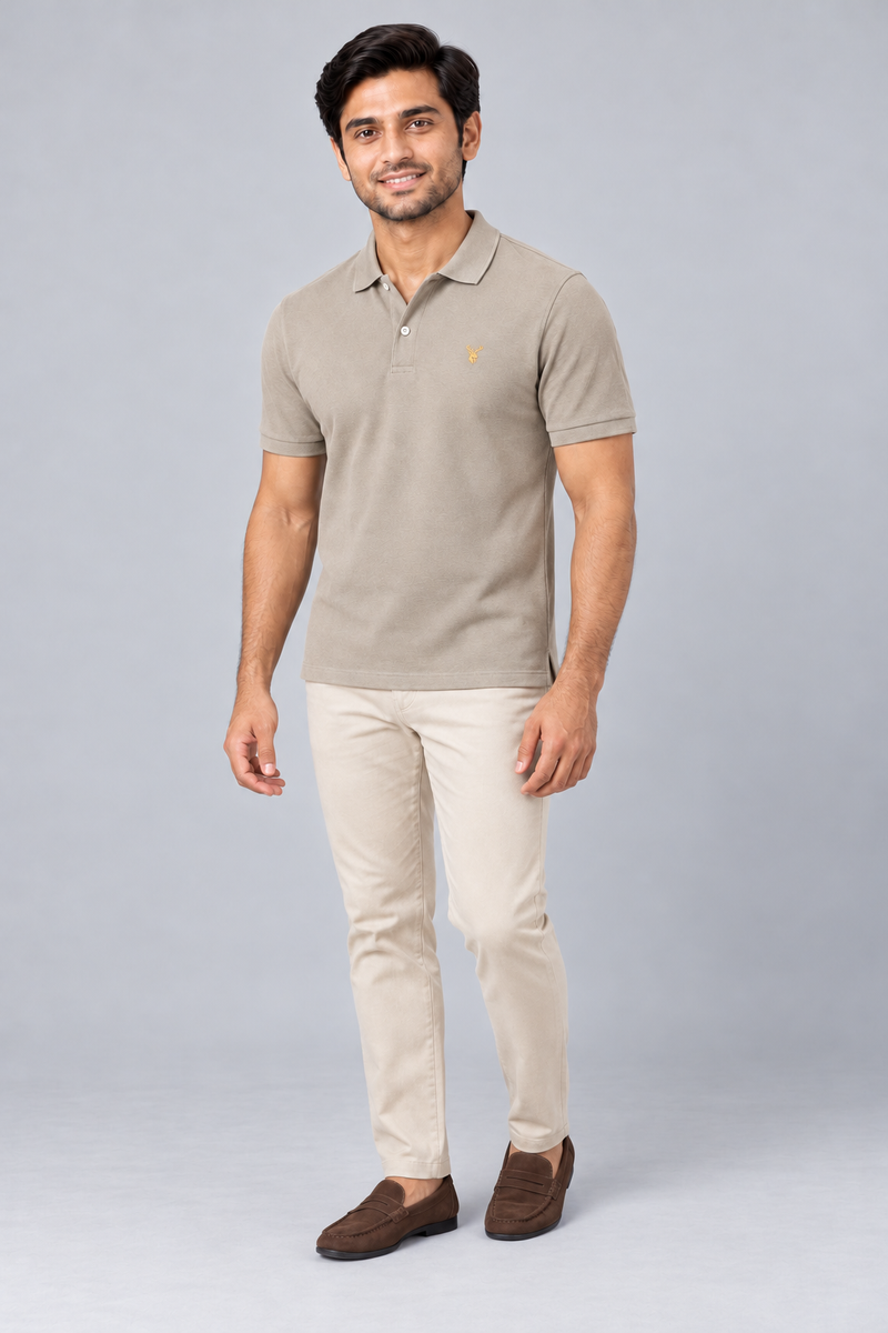 INTERVAL / 01 Men's Notch Piqué Polo Shirt — Stone, Three-quarter view