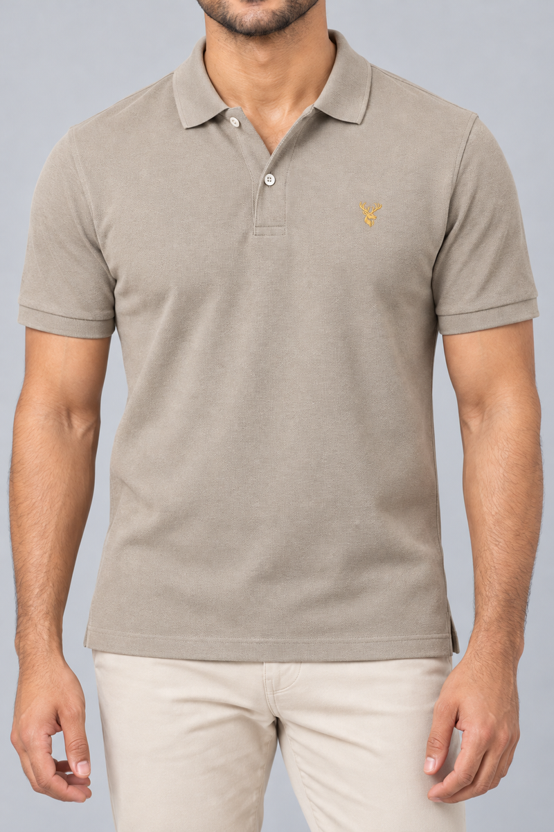 INTERVAL / 01 Men's Notch Piqué Polo Shirt — Stone, Worn logo and fabric detail