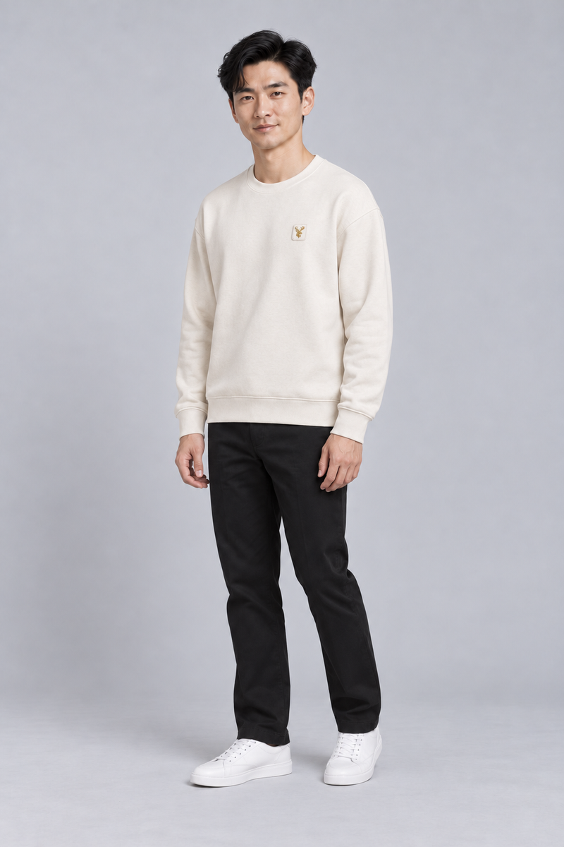 INTERVAL / 01 Men's Offset Crew Sweatshirt — Cream, Three-quarter view
