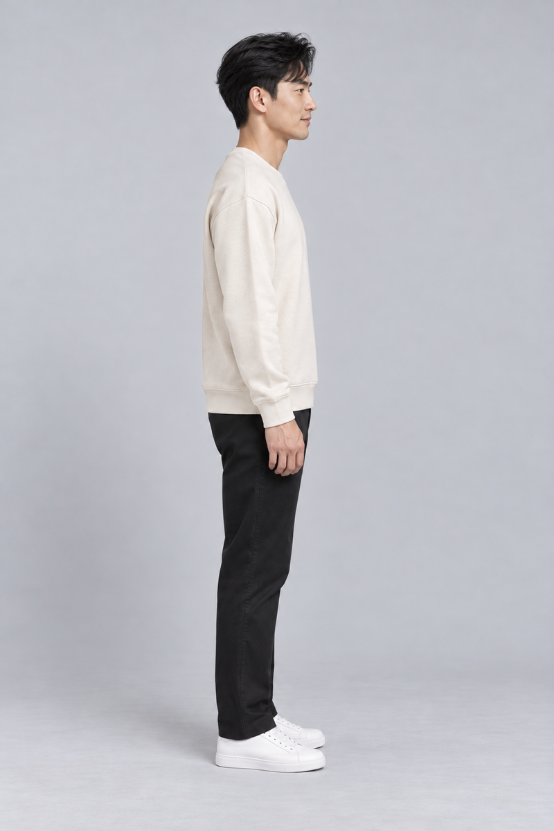 INTERVAL / 01 Men's Offset Crew Sweatshirt — Cream, Side view