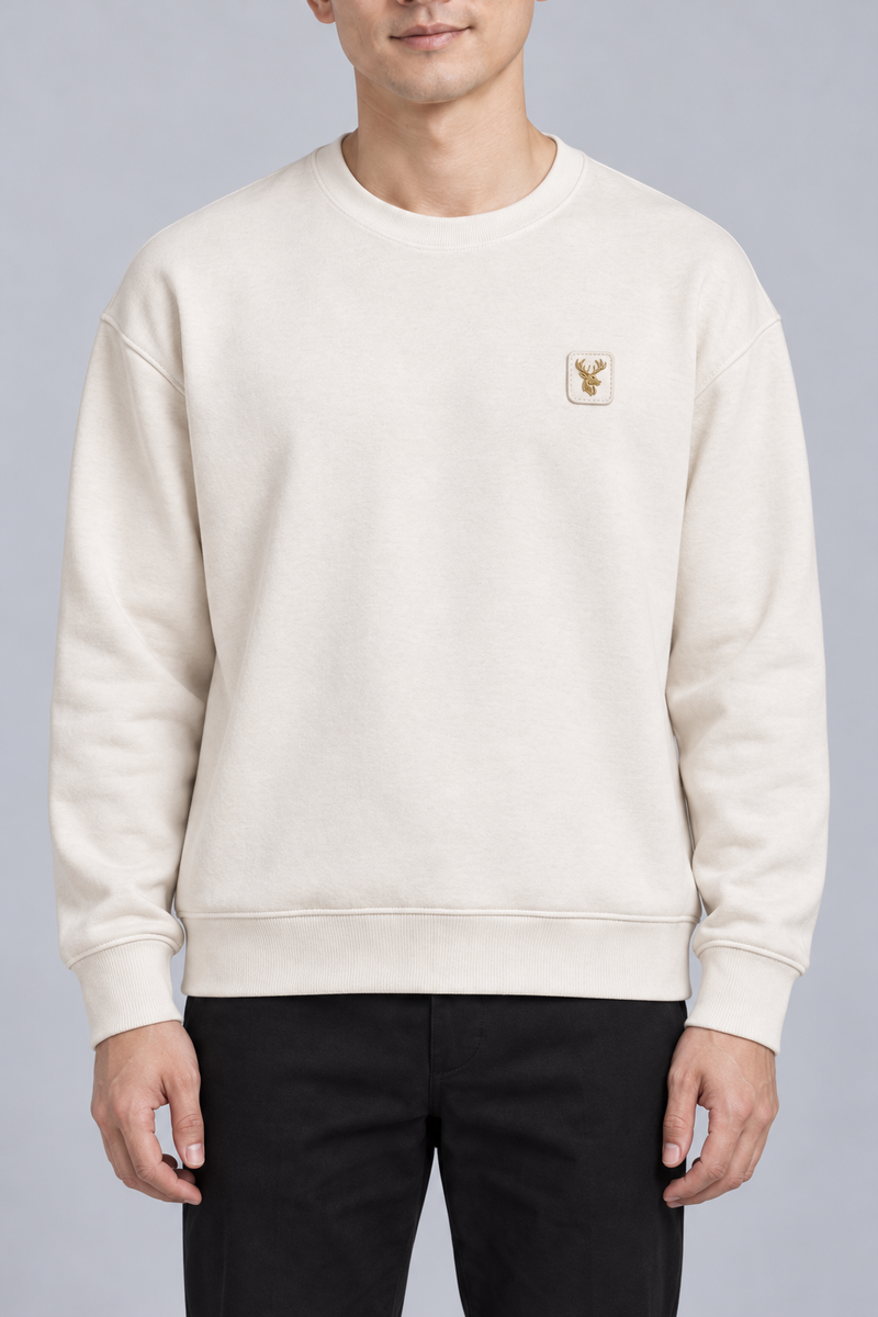 INTERVAL / 01 Men's Offset Crew Sweatshirt — Cream, Worn logo and fabric detail