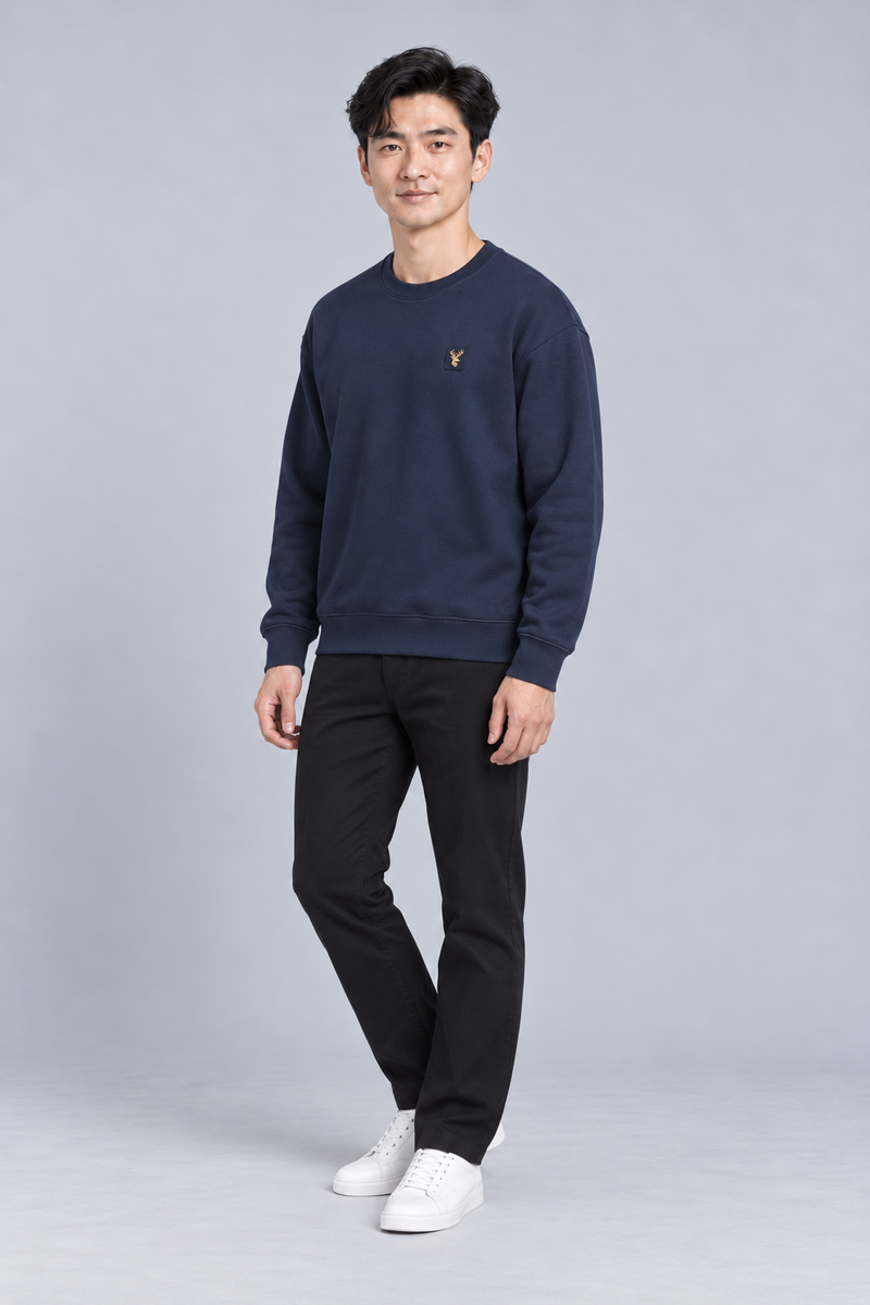 INTERVAL / 01 Men's Offset Crew Sweatshirt — Ink Navy, Three-quarter view