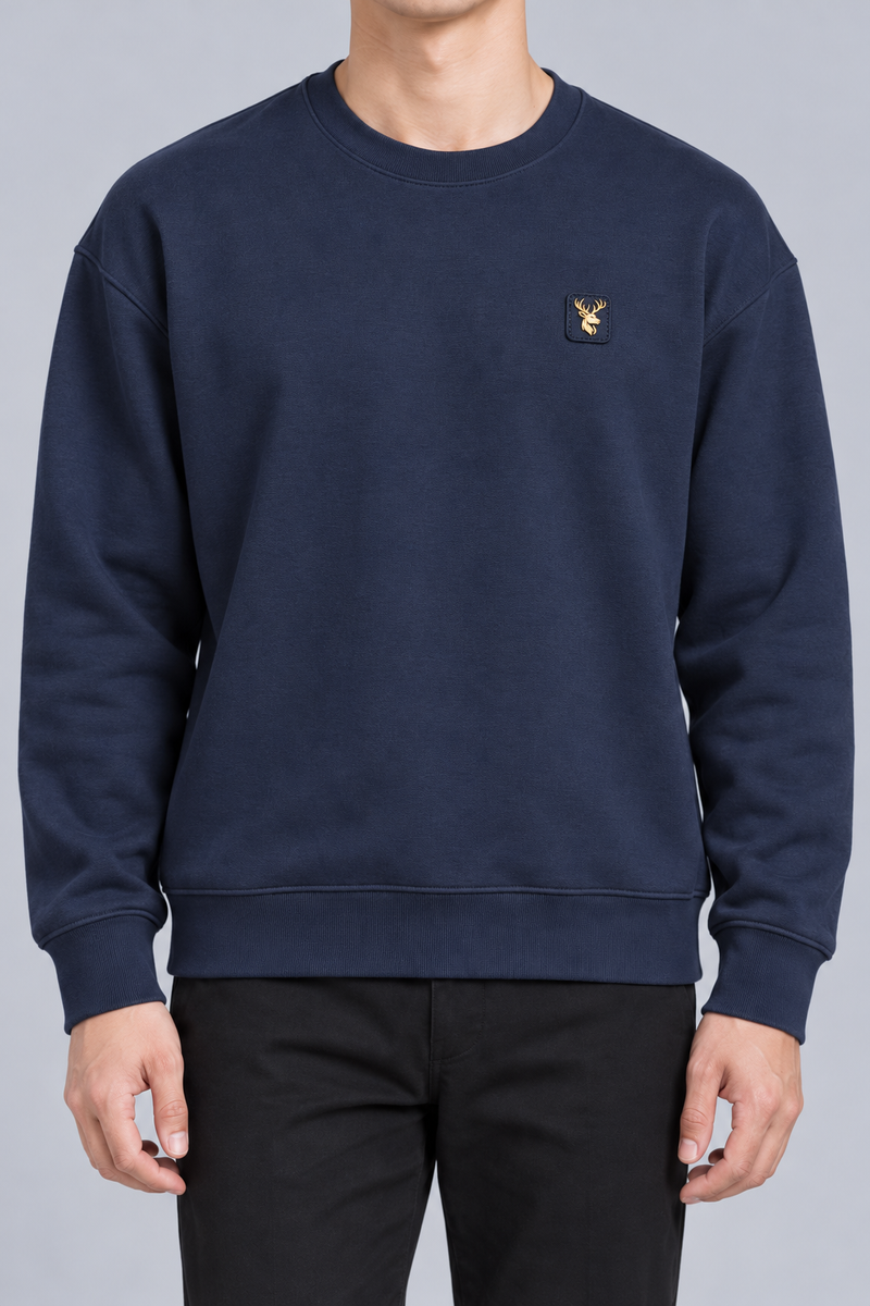 INTERVAL / 01 Men's Offset Crew Sweatshirt — Ink Navy, Worn logo and fabric detail