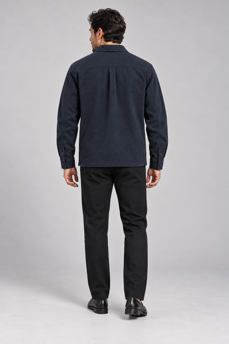 INTERVAL / 01 Men's Ledger Twill Overshirt — Ink Navy, Back view