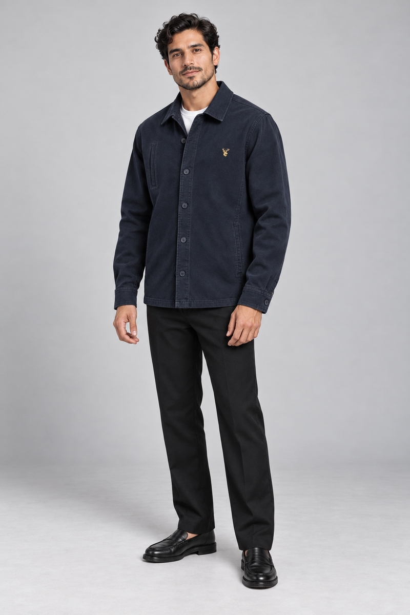 INTERVAL / 01 Men's Ledger Twill Overshirt — Ink Navy, Three-quarter view
