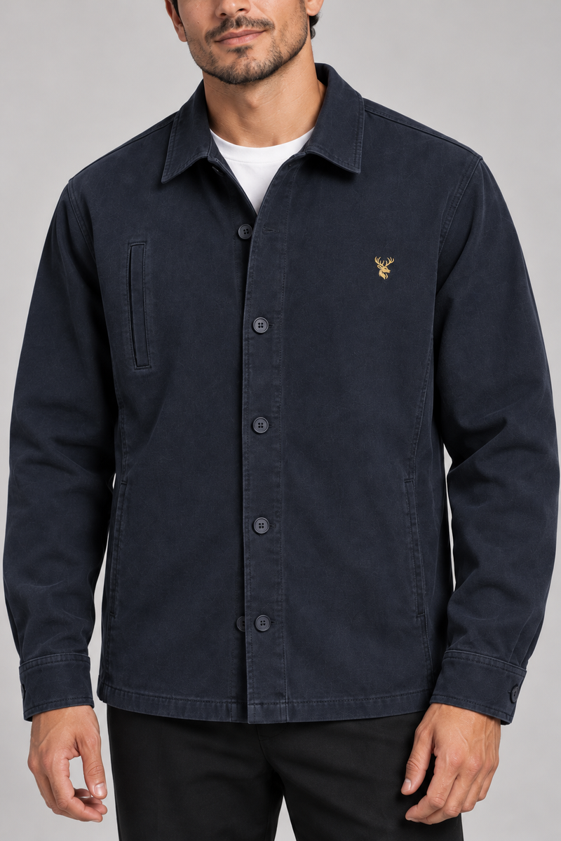 INTERVAL / 01 Men's Ledger Twill Overshirt — Ink Navy, Worn logo and fabric detail