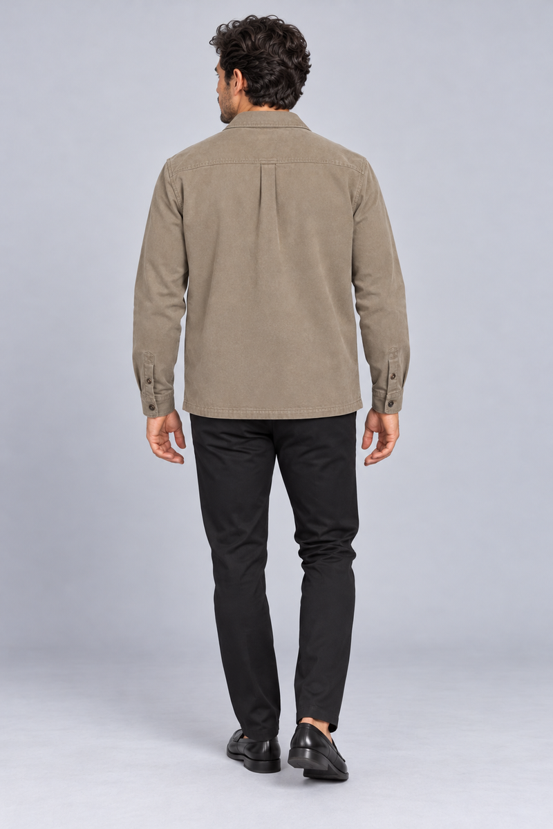 INTERVAL / 01 Men's Ledger Twill Overshirt — Stone, Back view
