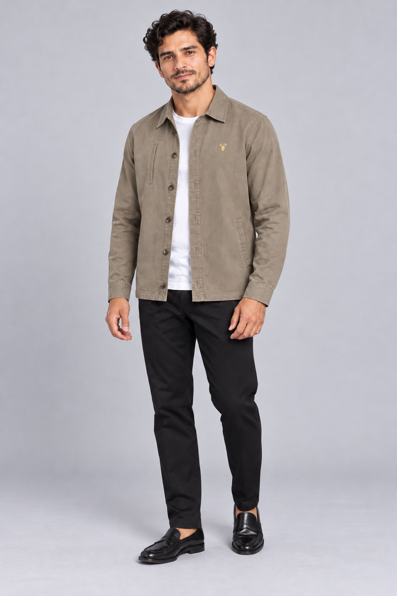 INTERVAL / 01 Men's Ledger Twill Overshirt — Stone, Three-quarter view