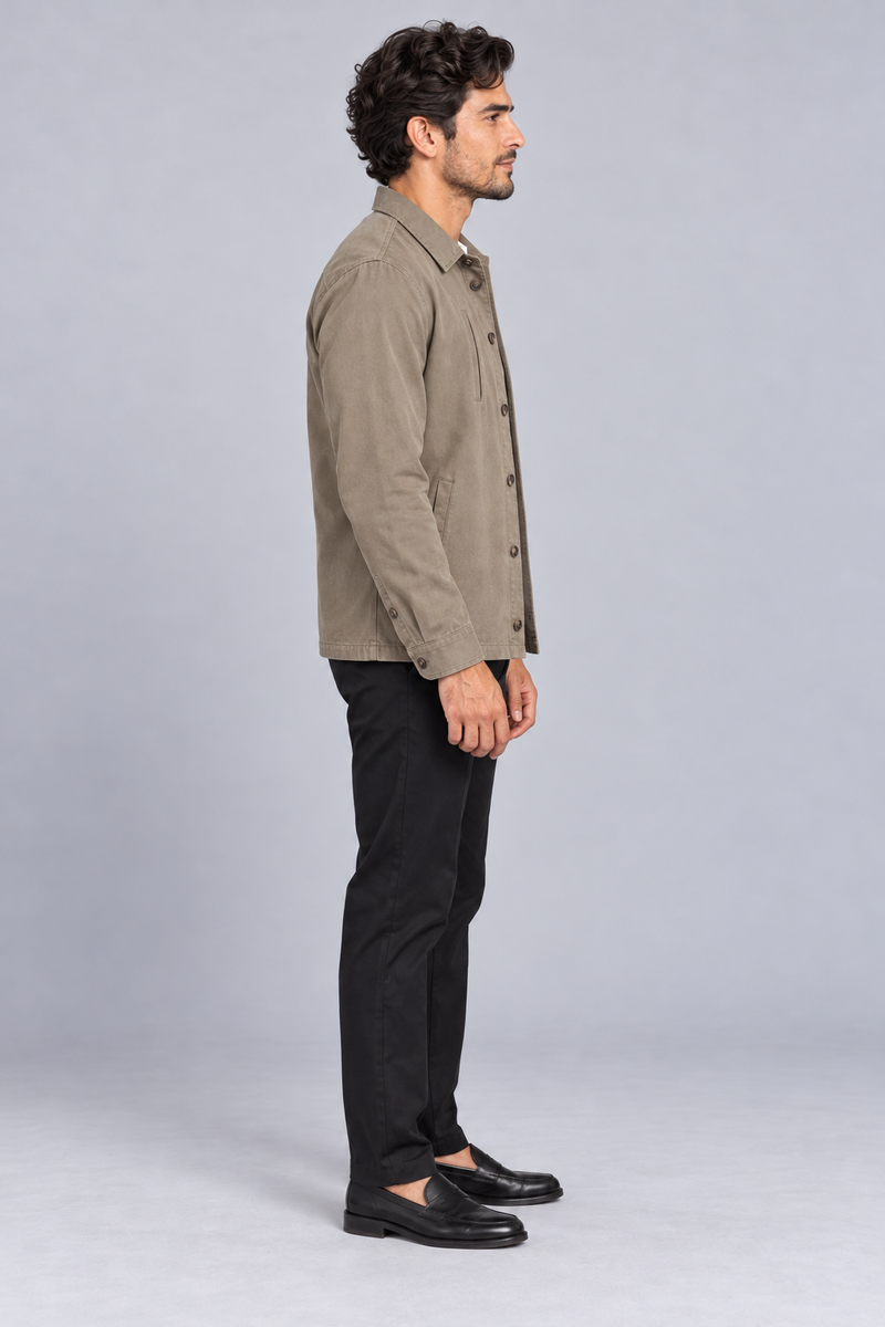 INTERVAL / 01 Men's Ledger Twill Overshirt — Stone, Side view