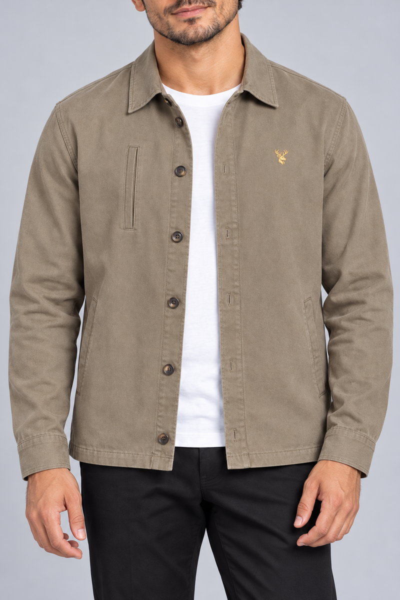 INTERVAL / 01 Men's Ledger Twill Overshirt — Stone, Worn logo and fabric detail