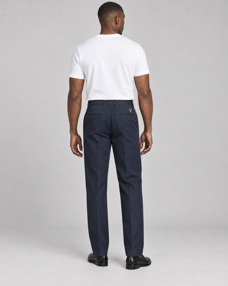 INTERVAL / 01 Men's Ledger Pleated Trouser — Ink Navy, Back view