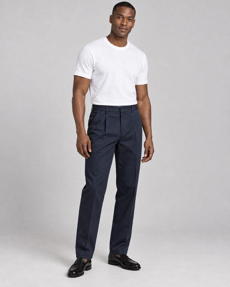 INTERVAL / 01 Men's Ledger Pleated Trouser — Ink Navy, Three-quarter view