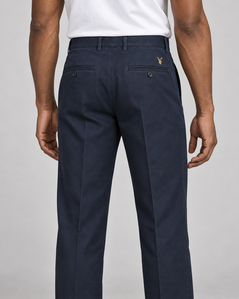 INTERVAL / 01 Men's Ledger Pleated Trouser — Ink Navy, Worn logo and fabric detail