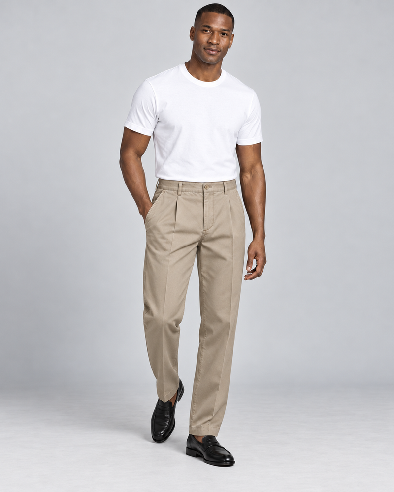 INTERVAL / 01 Men's Ledger Pleated Trouser — Stone, Three-quarter view