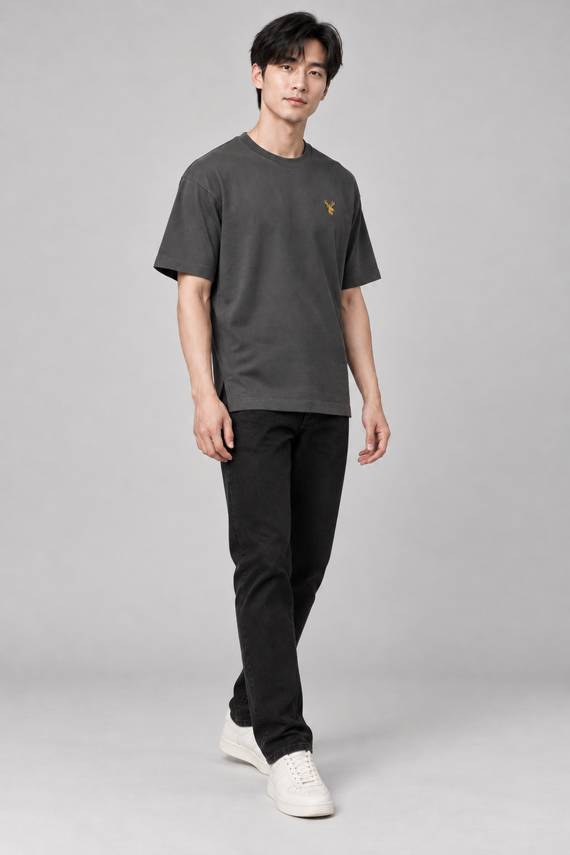 INTERVAL / 01 Unisex Span Relaxed Tee — Charcoal, Three-quarter view