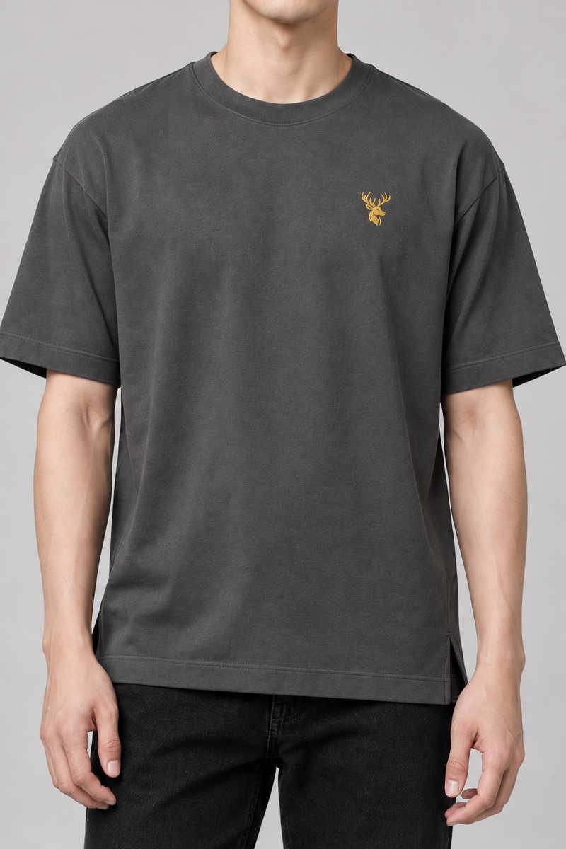 INTERVAL / 01 Unisex Span Relaxed Tee — Charcoal, Worn logo and fabric detail