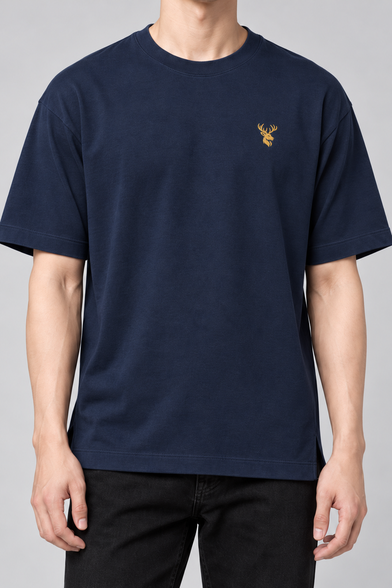 INTERVAL / 01 Unisex Span Relaxed Tee — Ink Navy, Worn logo and fabric detail