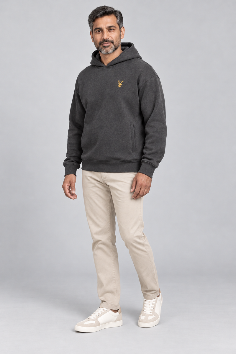 INTERVAL / 01 Unisex Shelter Hooded Sweatshirt — Charcoal, Three-quarter view