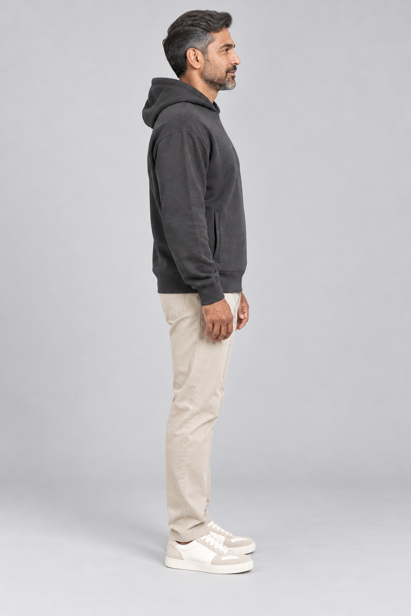 INTERVAL / 01 Unisex Shelter Hooded Sweatshirt — Charcoal, Side view