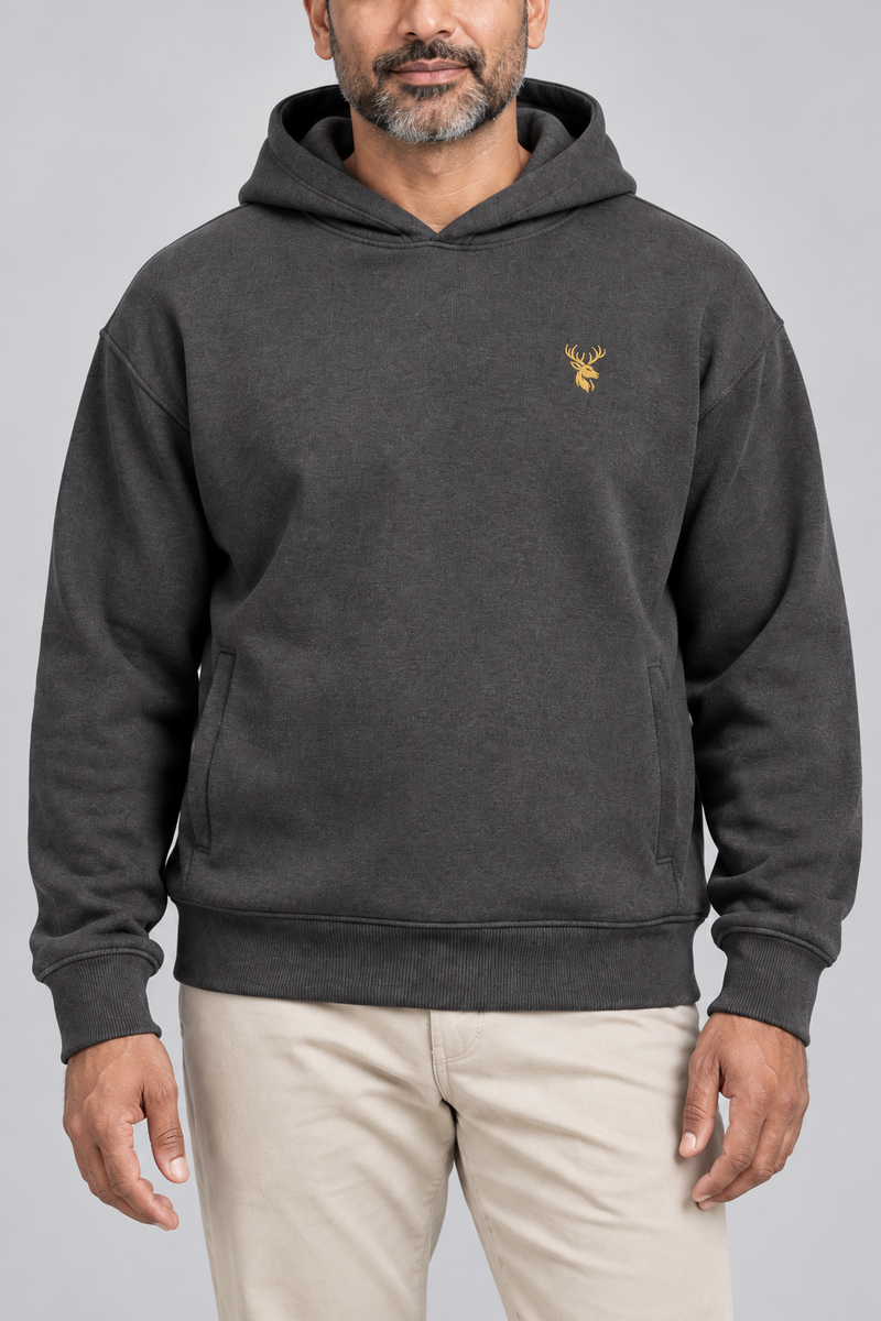 INTERVAL / 01 Unisex Shelter Hooded Sweatshirt — Charcoal, Worn logo and fabric detail