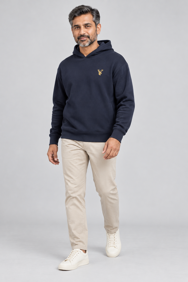 INTERVAL / 01 Unisex Shelter Hooded Sweatshirt — Ink Navy, Three-quarter view