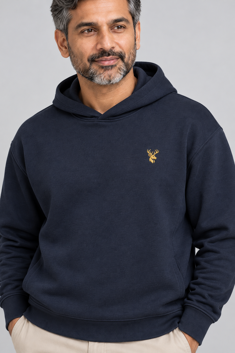 INTERVAL / 01 Unisex Shelter Hooded Sweatshirt — Ink Navy, Worn logo and fabric detail