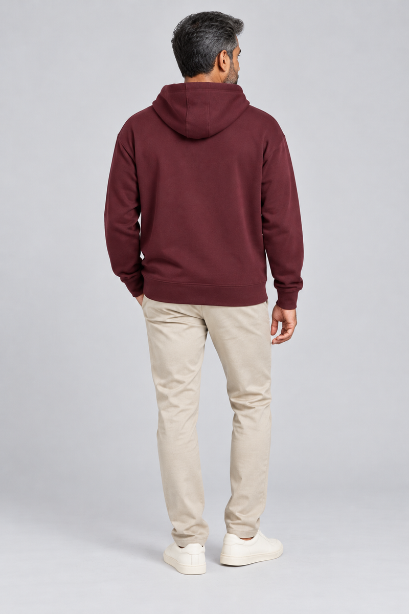 INTERVAL / 01 Unisex Shelter Hooded Sweatshirt — Oxblood, Back view