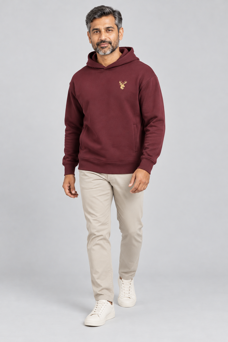 INTERVAL / 01 Unisex Shelter Hooded Sweatshirt — Oxblood, Three-quarter view
