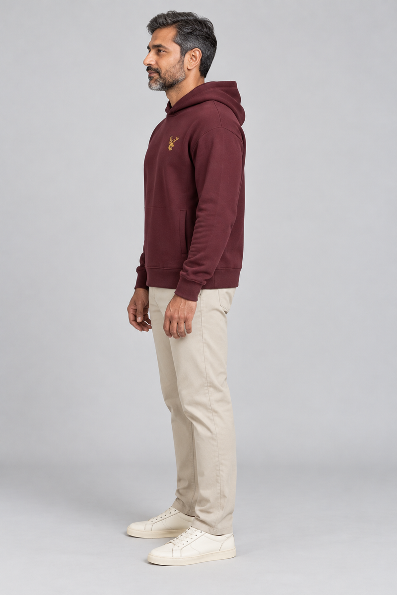 INTERVAL / 01 Unisex Shelter Hooded Sweatshirt — Oxblood, Side view