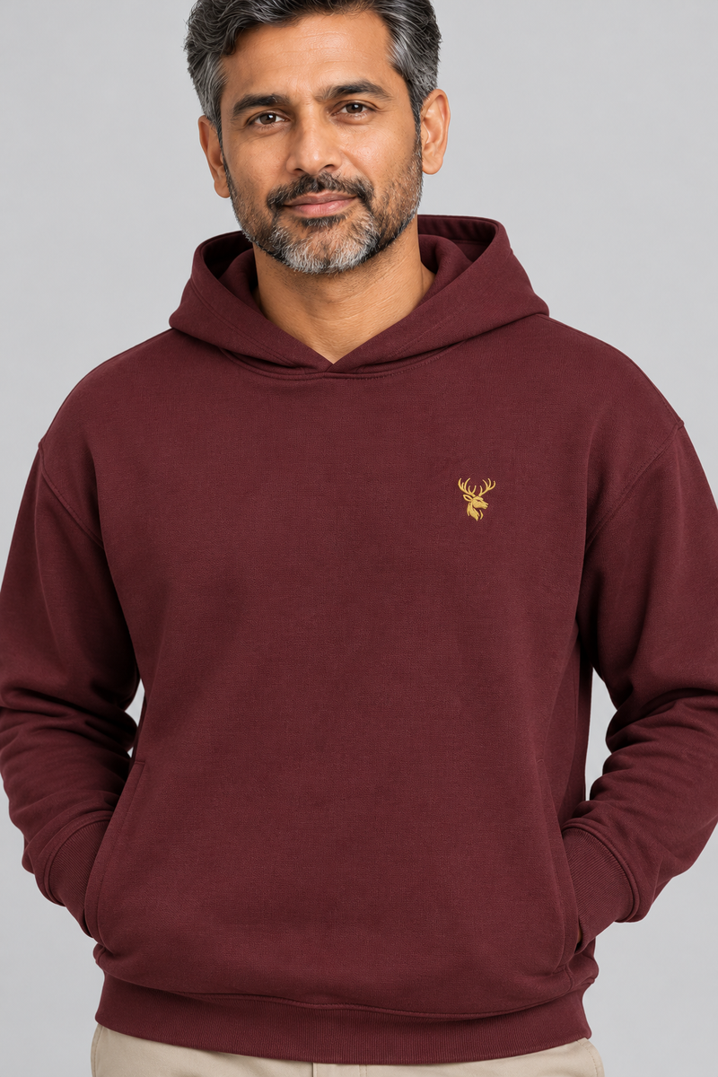 INTERVAL / 01 Unisex Shelter Hooded Sweatshirt — Oxblood, Worn logo and fabric detail