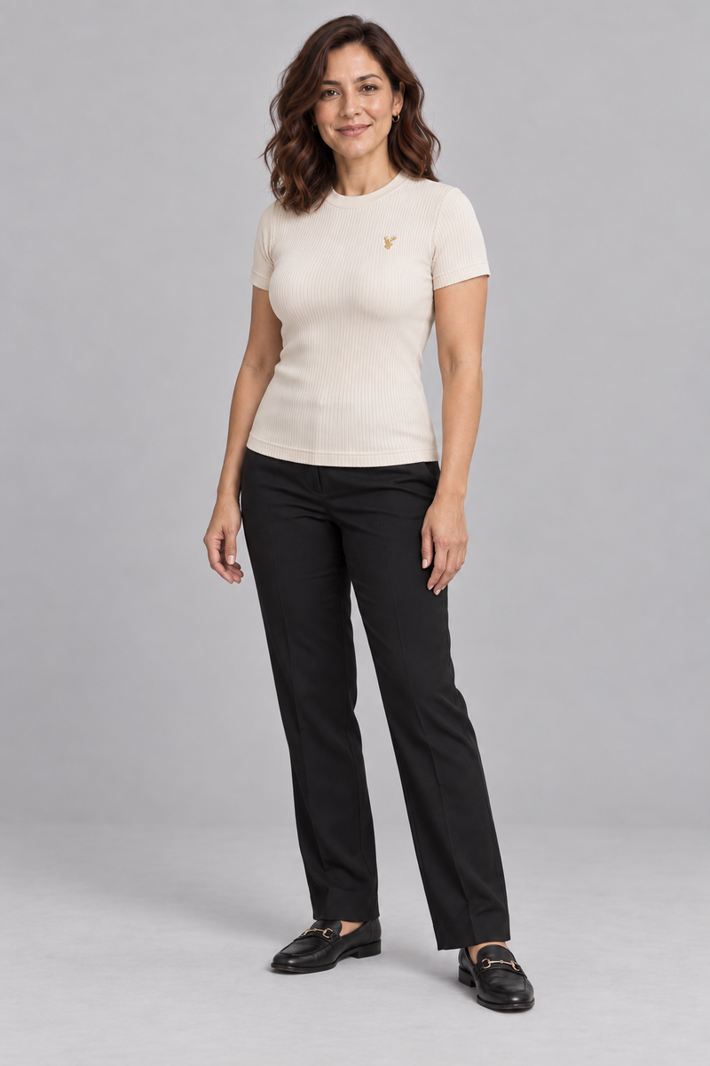INTERVAL / 01 Women's Line Rib Tee — Cream, Three-quarter view
