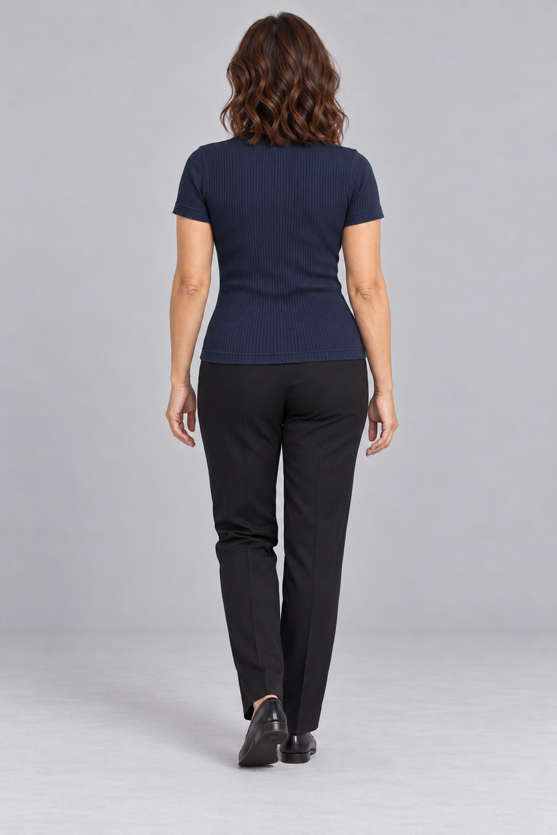 INTERVAL / 01 Women's Line Rib Tee — Ink Navy, Back view