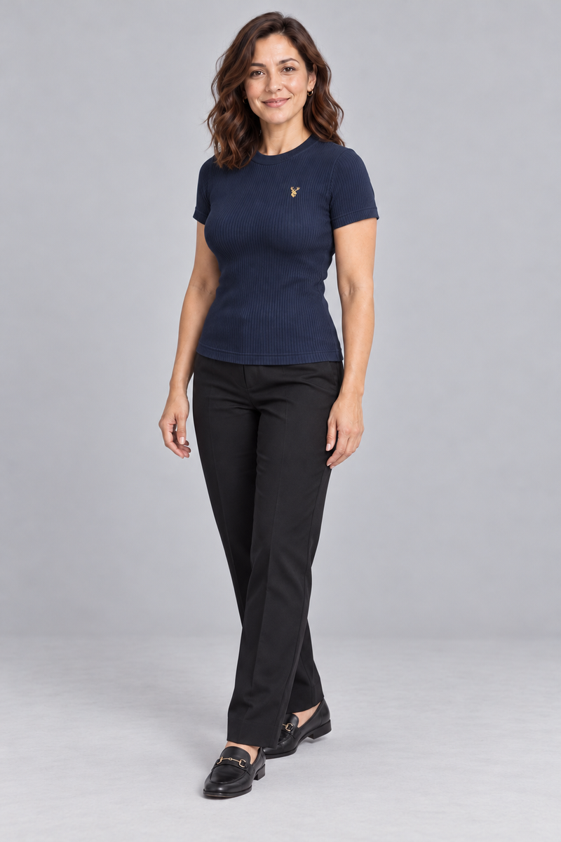 INTERVAL / 01 Women's Line Rib Tee — Ink Navy, Three-quarter view