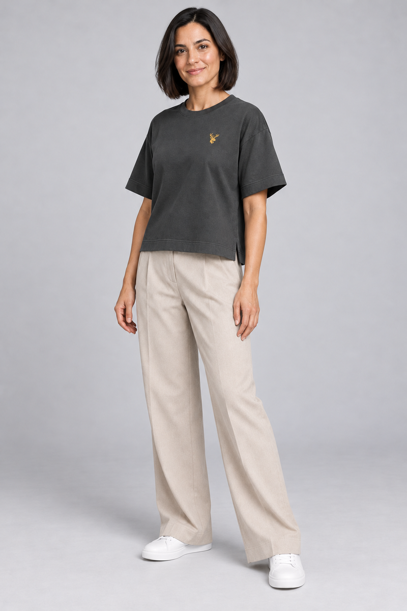 INTERVAL / 01 Women's Fold Box Tee — Charcoal, Three-quarter view