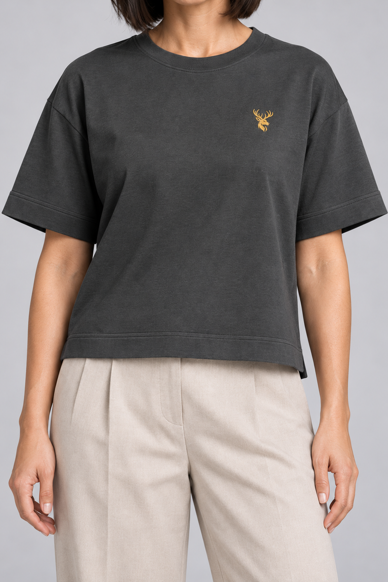 INTERVAL / 01 Women's Fold Box Tee — Charcoal, Worn logo and fabric detail
