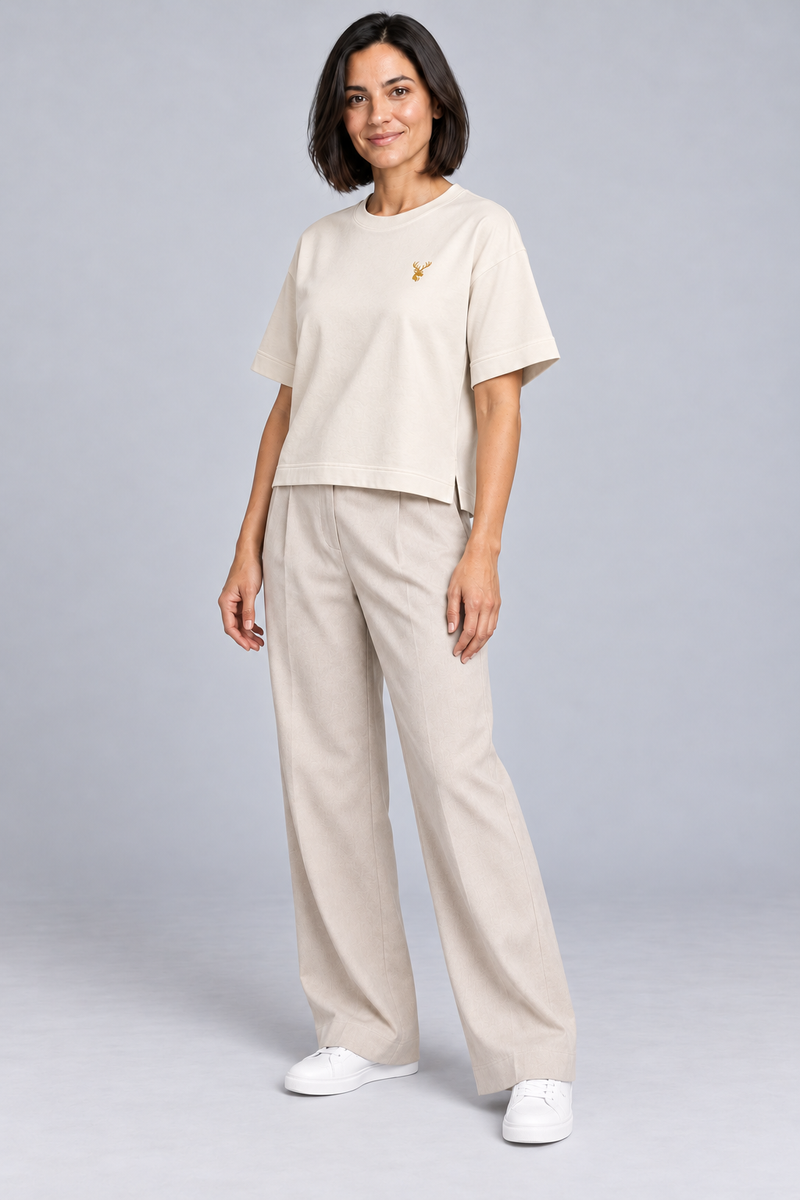 INTERVAL / 01 Women's Fold Box Tee — Cream, Three-quarter view