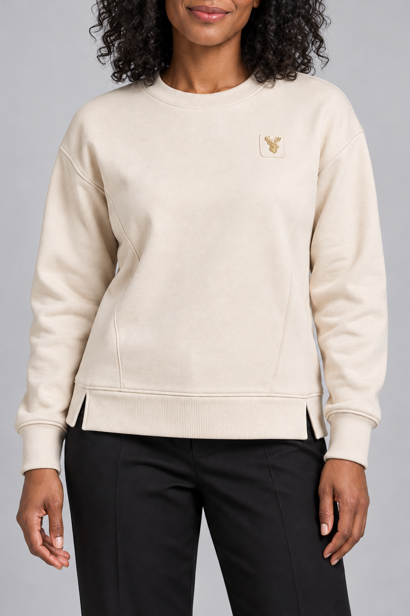 INTERVAL / 01 Women's Contour Seam Crew Sweatshirt — Cream, Worn logo and fabric detail